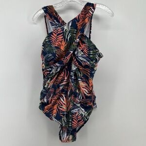 Swimsuit Adult Medium Navy Coral Green Tropical Design New Without Tags
